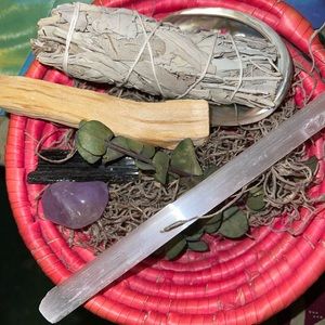 SMUDGE KITS W/ SELENITE WAND, SAGE, PALO SANTO, TWO GEMSTONES! directions inc.